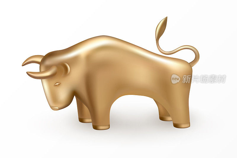 Symbol of the New Year 2021 is the sign of the Bull on the Chinese lunar calendar. Golden Bull isolated 3d icon and logo. Realistic gold statuette of cow or ox